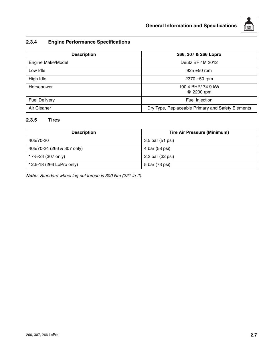 Engine performance specifications, Tires | JLG 266 LoPro Service Manual User Manual | Page 17 / 126