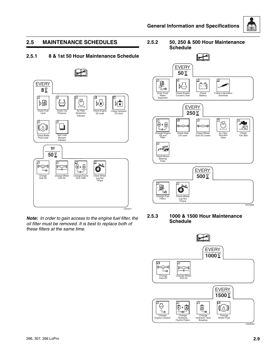 5 maintenance schedules, Maintenance schedules, 8 & 1st 50 hour maintenance schedule | 50, 250 & 500 hour maintenance schedule, 1000 & 1500 hour maintenance schedule, General information and specifications, Every | JLG 266 LoPro Service Manual User Manual | Page 19 / 126