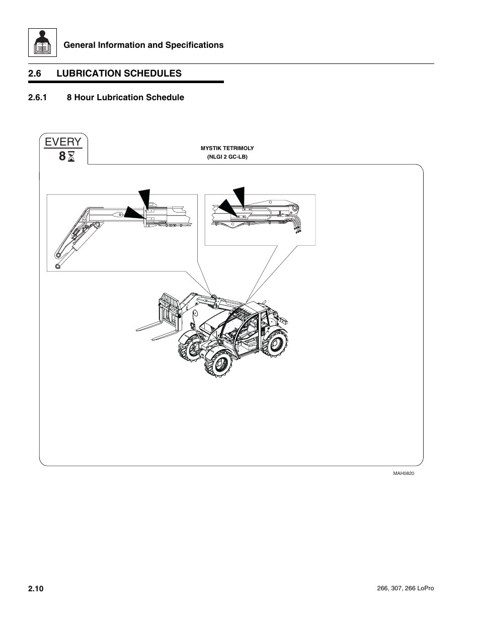 6 lubrication schedules, Lubrication schedules, 8 hour lubrication schedule | Every | JLG 266 LoPro Service Manual User Manual | Page 20 / 126