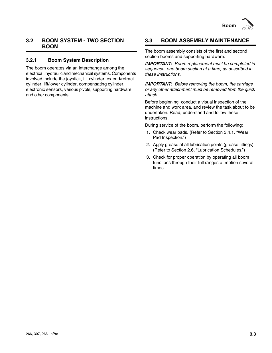 2 boom system - two section boom, 3 boom assembly maintenance, Boom system - two section boom | Boom assembly maintenance, Boom system description | JLG 266 LoPro Service Manual User Manual | Page 25 / 126