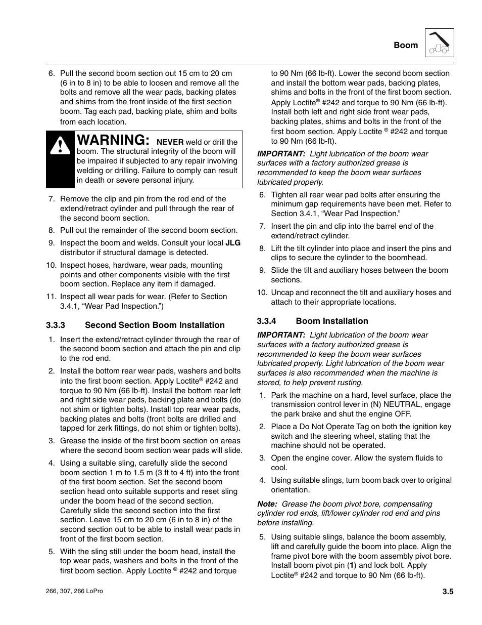 Second section boom installation, Boom installation, Warning | JLG 266 LoPro Service Manual User Manual | Page 27 / 126