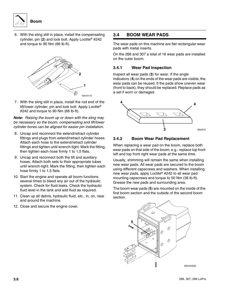 4 boom wear pads, Boom wear pads, Wear pad inspection | Boom wear pad replacement | JLG 266 LoPro Service Manual User Manual | Page 28 / 126
