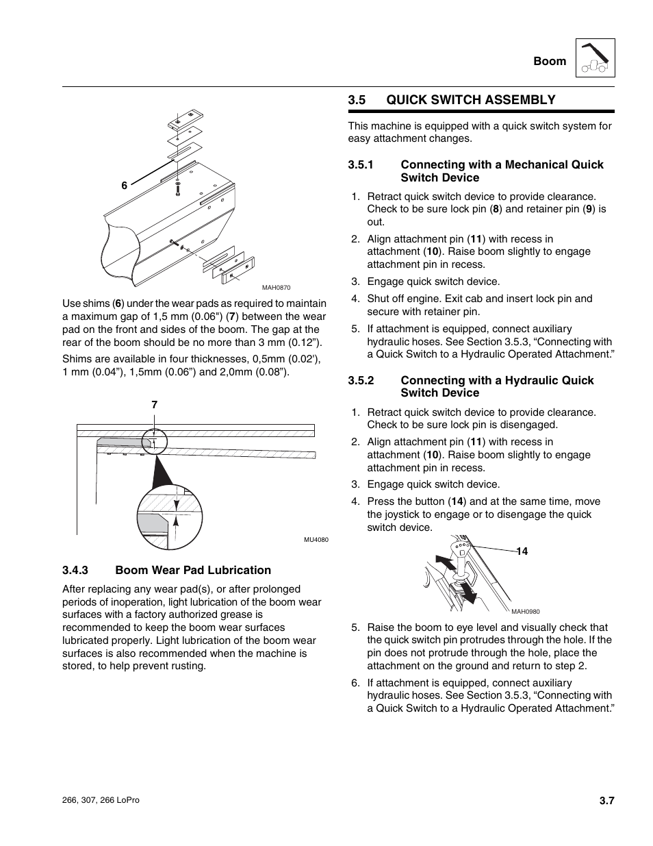 5 quick switch assembly, Quick switch assembly, Boom wear pad lubrication | Connecting with a mechanical quick switch device, Connecting with a hydraulic quick switch device | JLG 266 LoPro Service Manual User Manual | Page 29 / 126
