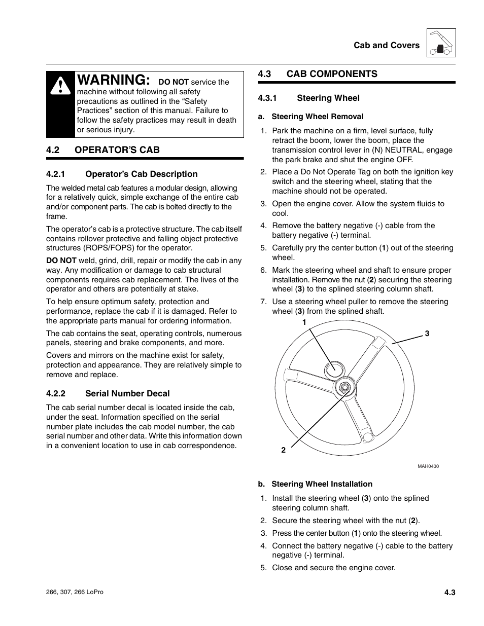 2 operator’s cab, 3 cab components, Operator’s cab | Cab components, Operator’s cab description, Serial number decal, Steering wheel, Warning | JLG 266 LoPro Service Manual User Manual | Page 35 / 126