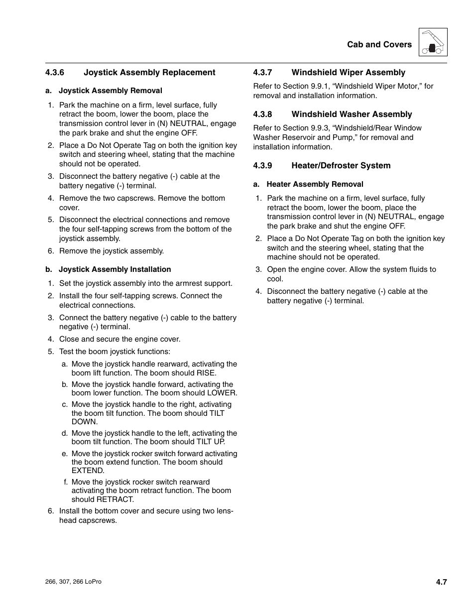 Joystick assembly replacement, Windshield wiper assembly, Windshield washer assembly | Heater/defroster system | JLG 266 LoPro Service Manual User Manual | Page 39 / 126