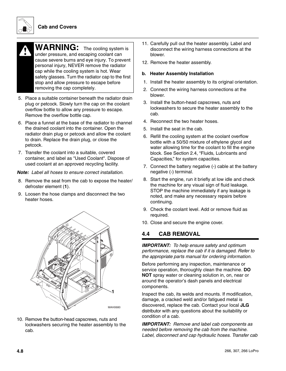 4 cab removal, Cab removal, Warning | JLG 266 LoPro Service Manual User Manual | Page 40 / 126