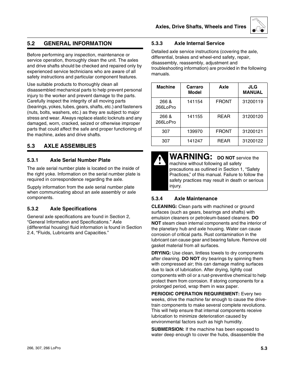 2 general information, 3 axle assemblies, General information | Axle assemblies, Axle serial number plate, Axle specifications, Axle internal service, Axle maintenance, Warning | JLG 266 LoPro Service Manual User Manual | Page 45 / 126
