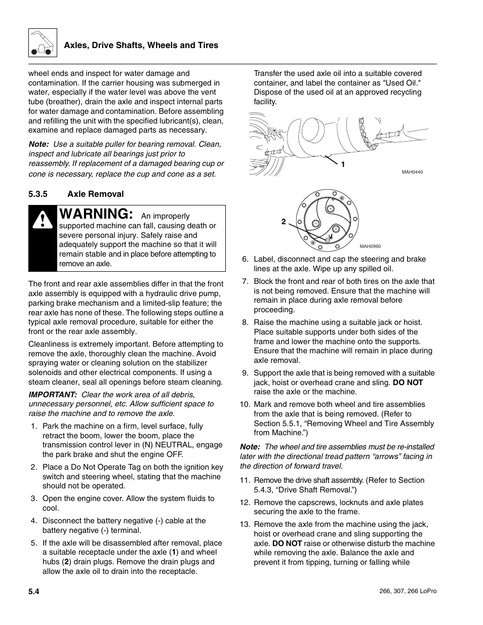 Axle removal, Warning | JLG 266 LoPro Service Manual User Manual | Page 46 / 126