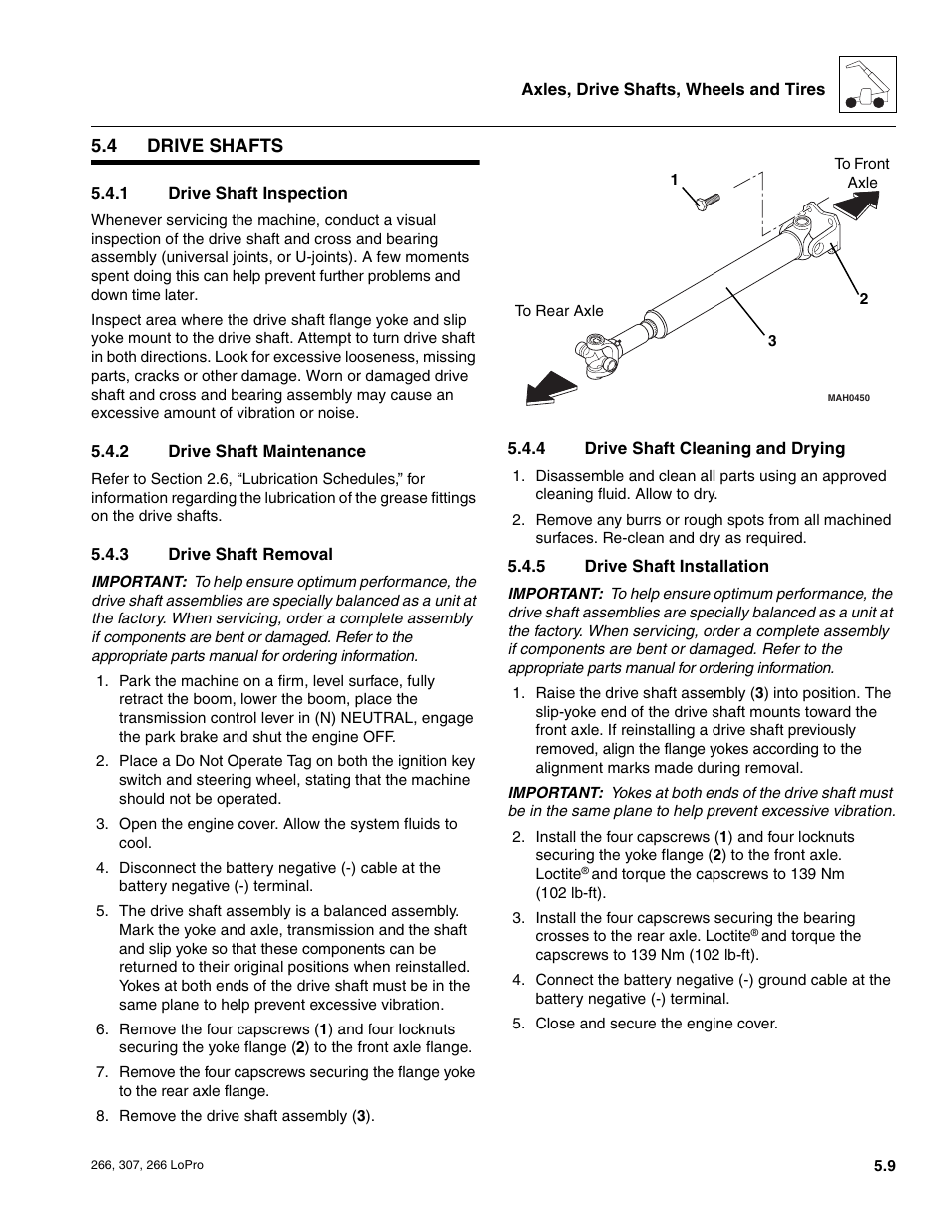 4 drive shafts, Drive shafts, Drive shaft inspection | Drive shaft maintenance, Drive shaft removal, Drive shaft cleaning and drying, Drive shaft installation, Section, 5, “drive shaft installation.”) | JLG 266 LoPro Service Manual User Manual | Page 51 / 126
