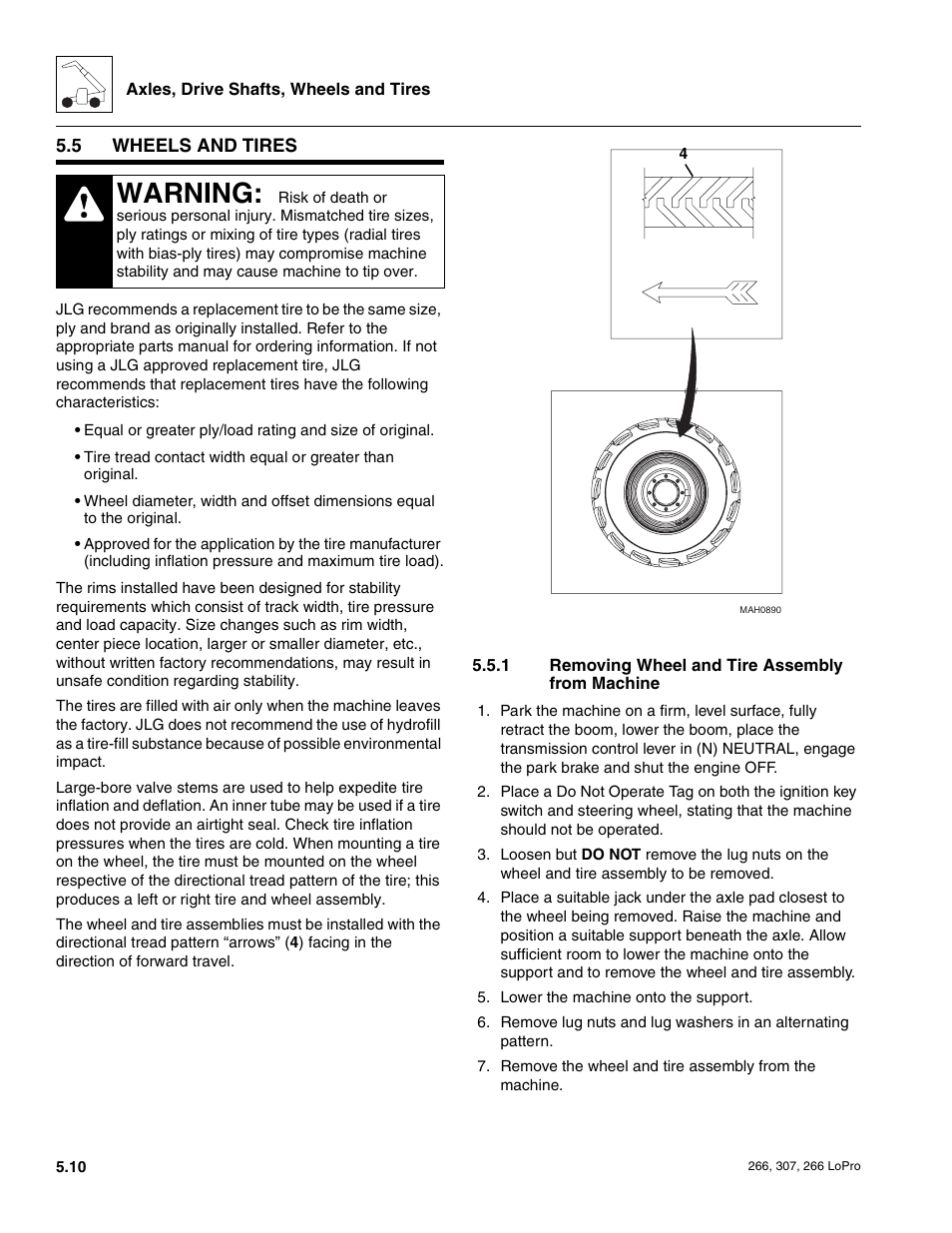 5 wheels and tires, Wheels and tires, Removing wheel and tire assembly from machine | Warning | JLG 266 LoPro Service Manual User Manual | Page 52 / 126