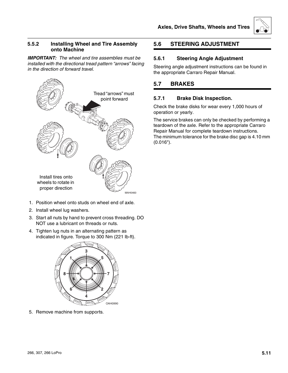 6 steering adjustment, 7 brakes, Steering adjustment | Brakes, Installing wheel and tire assembly onto machine, Steering angle adjustment, Brake disk inspection | JLG 266 LoPro Service Manual User Manual | Page 53 / 126