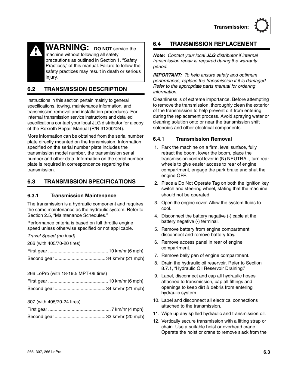2 transmission description, 3 transmission specifications, 4 transmission replacement | Transmission description, Transmission specifications, Transmission replacement, Transmission maintenance, Transmission removal, Warning | JLG 266 LoPro Service Manual User Manual | Page 57 / 126