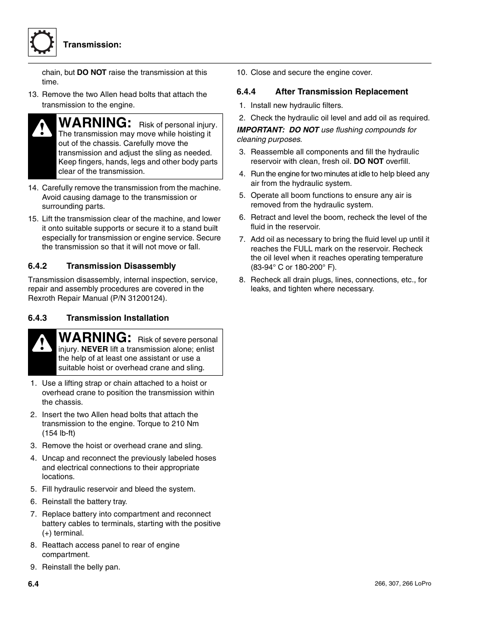 Transmission disassembly, Transmission installation, After transmission replacement | Warning | JLG 266 LoPro Service Manual User Manual | Page 58 / 126