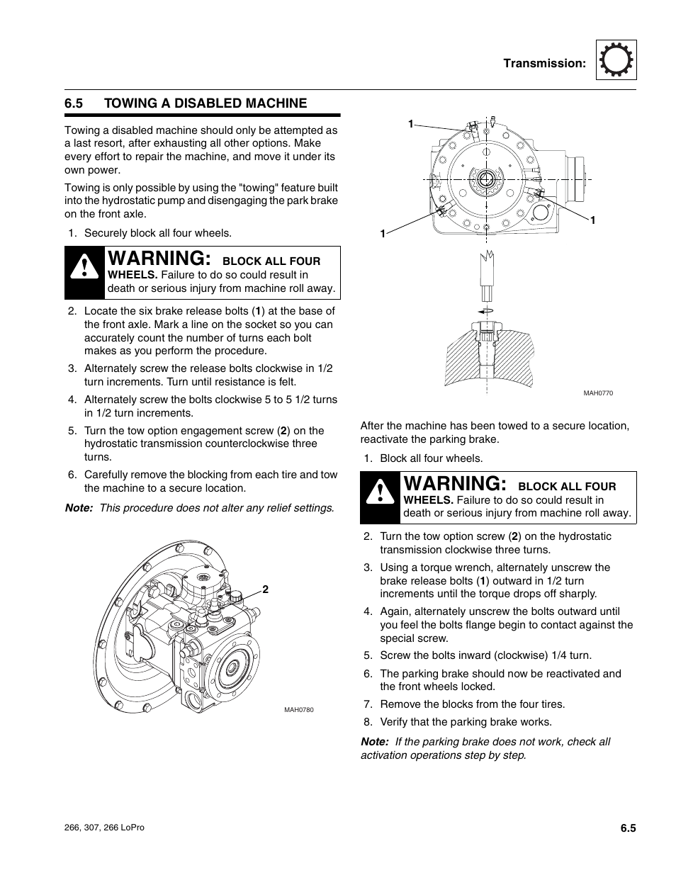 5 towing a disabled machine, Towing a disabled machine, Warning | JLG 266 LoPro Service Manual User Manual | Page 59 / 126