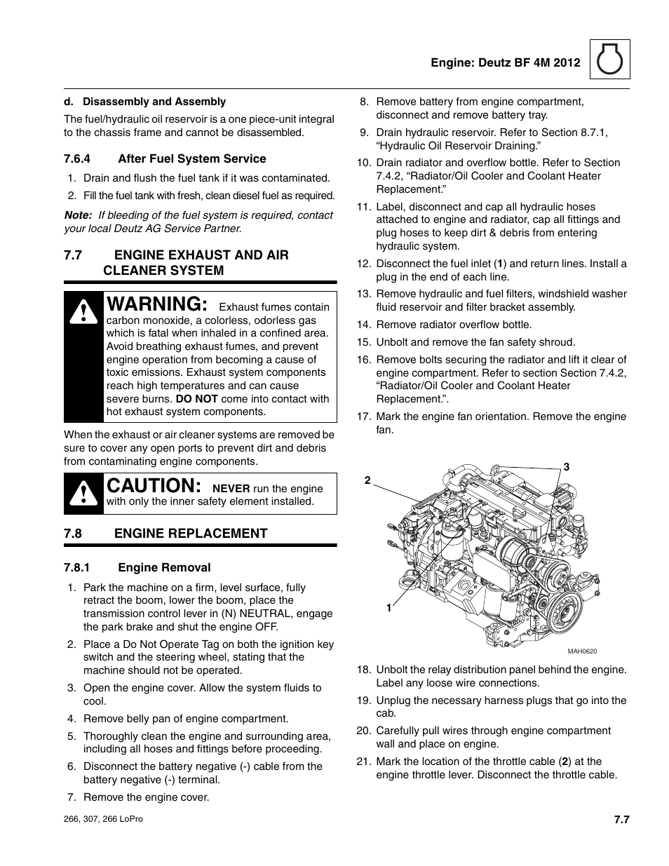 7 engine exhaust and air cleaner system, 8 engine replacement, Engine exhaust and air cleaner system | Engine replacement, After fuel system service, Engine removal, Warning, Caution | JLG 266 LoPro Service Manual User Manual | Page 67 / 126