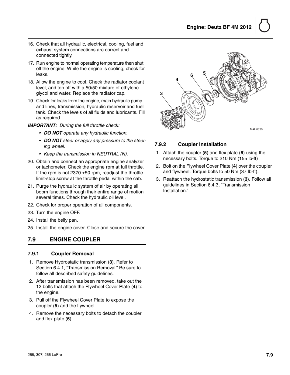 9 engine coupler, Engine coupler, Coupler removal | Coupler installation | JLG 266 LoPro Service Manual User Manual | Page 69 / 126