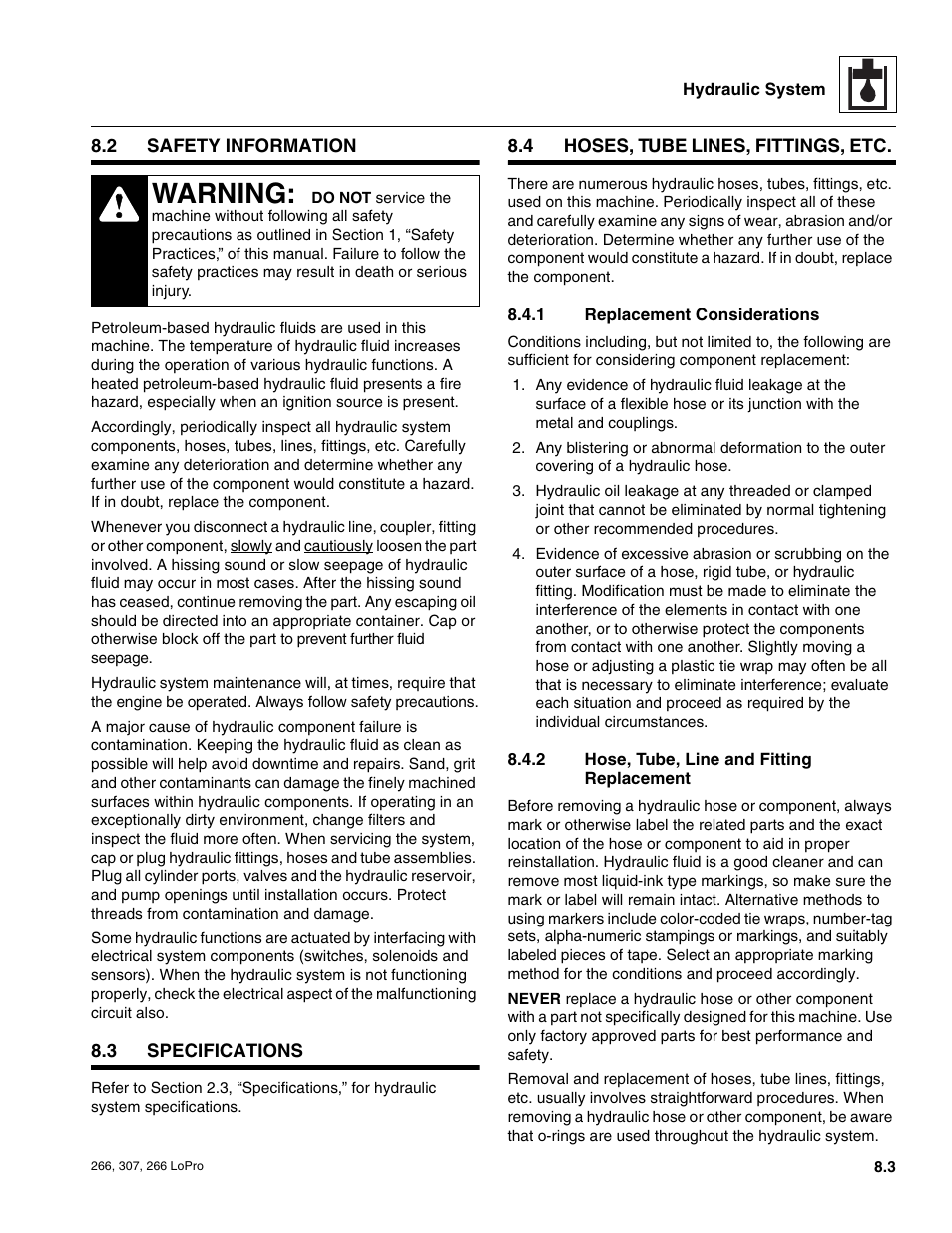 2 safety information, 3 specifications, 4 hoses, tube lines, fittings, etc | Safety information, Specifications, Hoses, tube lines, fittings, etc, Replacement considerations, Hose, tube, line and fitting replacement, Warning | JLG 266 LoPro Service Manual User Manual | Page 73 / 126