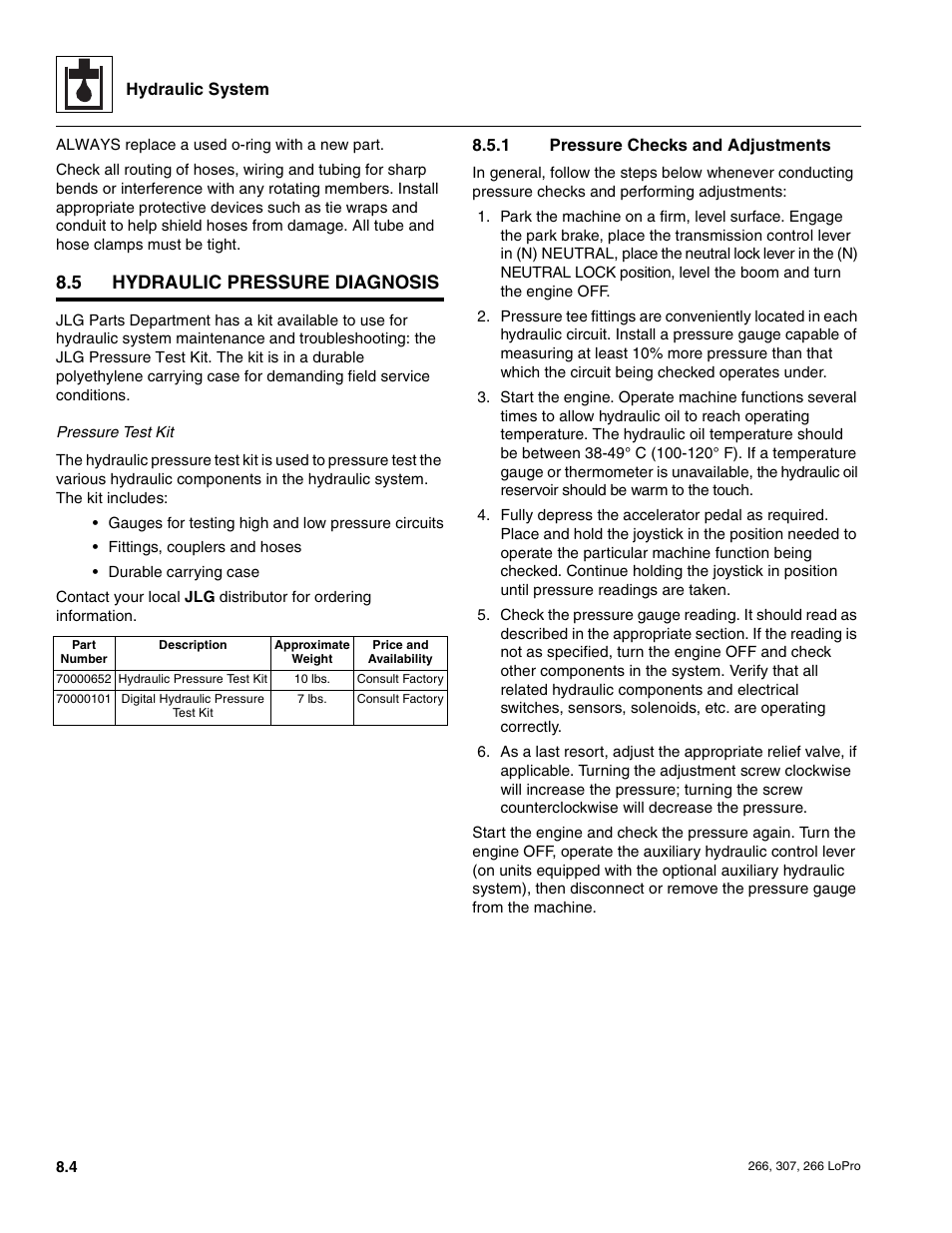 5 hydraulic pressure diagnosis, Hydraulic pressure diagnosis, Pressure checks and adjustments | JLG 266 LoPro Service Manual User Manual | Page 74 / 126