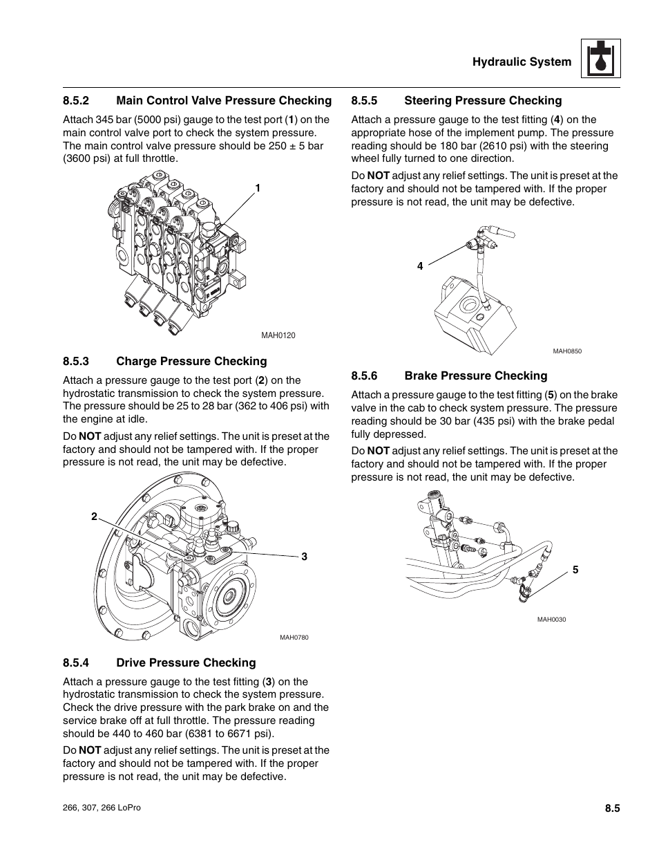 Section 8.5.5, “steering pressure checking, Main control valve pressure checking, Charge pressure checking | Drive pressure checking, Steering pressure checking, Brake pressure checking | JLG 266 LoPro Service Manual User Manual | Page 75 / 126