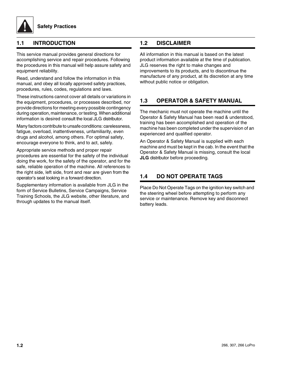 1 introduction, 2 disclaimer, 3 operator & safety manual | 4 do not operate tags, Introduction, Disclaimer, Operator & safety manual, Do not operate tags | JLG 266 LoPro Service Manual User Manual | Page 8 / 126