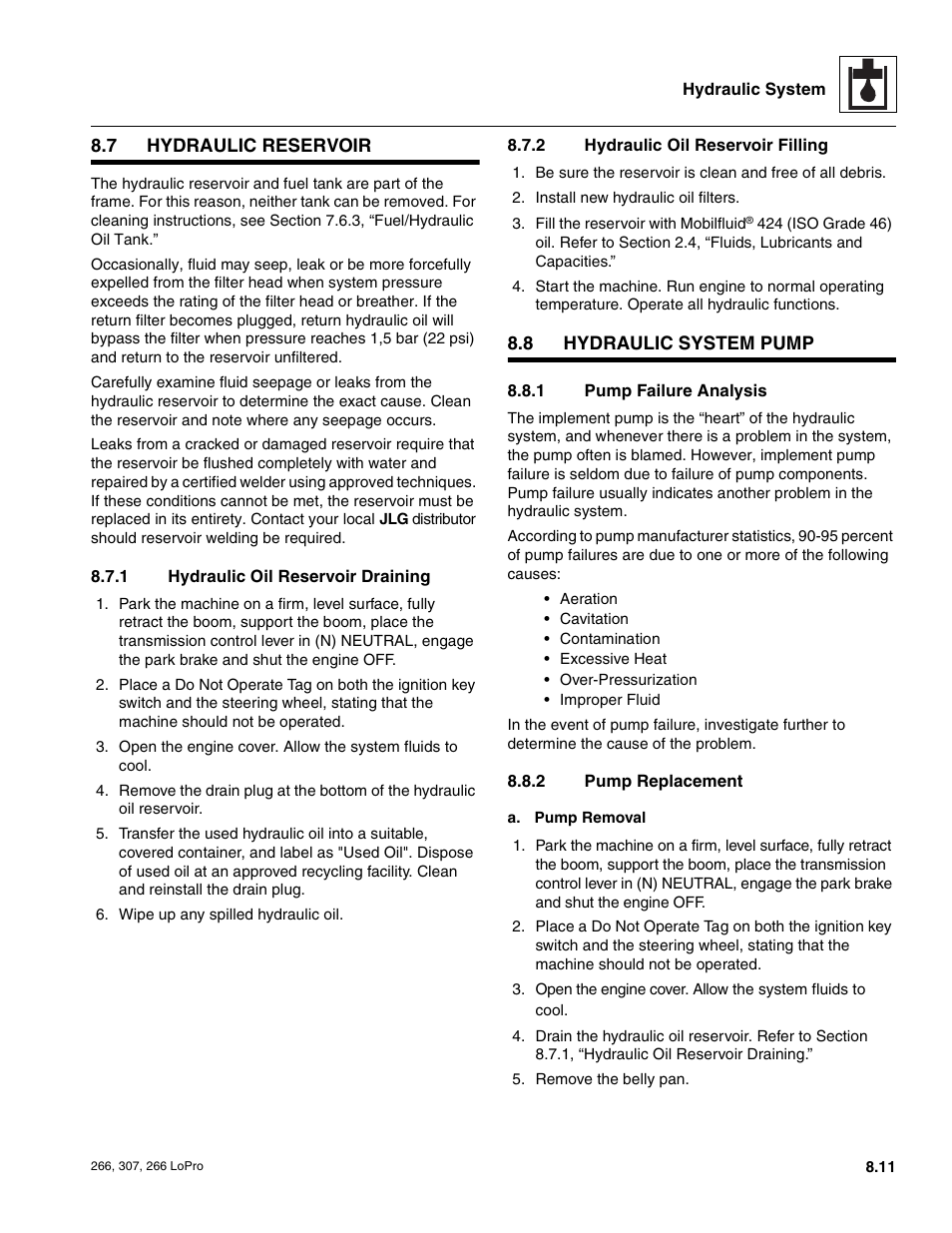 7 hydraulic reservoir, 8 hydraulic system pump, Hydraulic reservoir | Hydraulic system pump, Section, 1, “hydraulic oil reservoir draining, Section 8.7.1, Hydraulic oil reservoir draining, Hydraulic oil reservoir filling, Pump failure analysis | JLG 266 LoPro Service Manual User Manual | Page 81 / 126