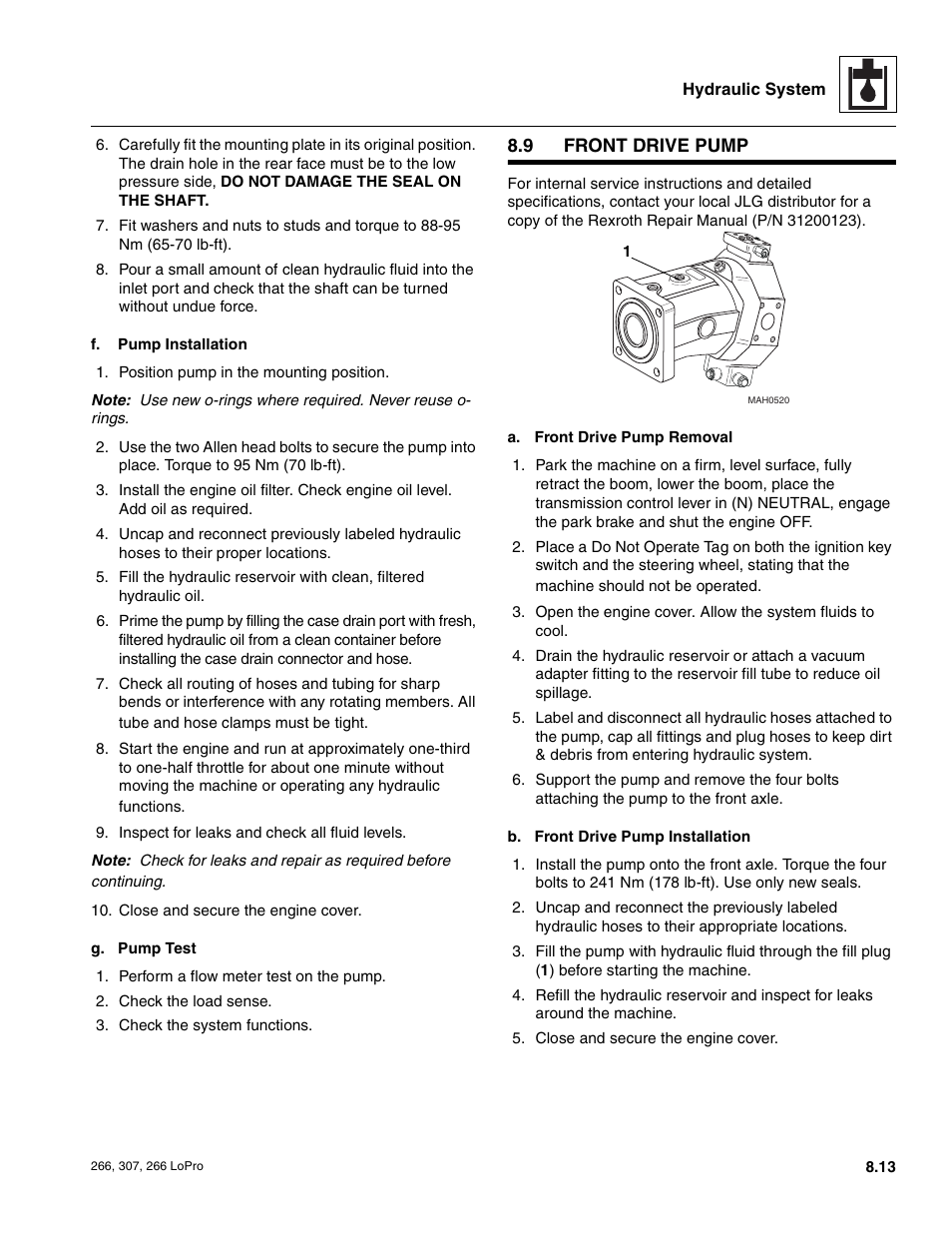 9 front drive pump, Front drive pump | JLG 266 LoPro Service Manual User Manual | Page 83 / 126