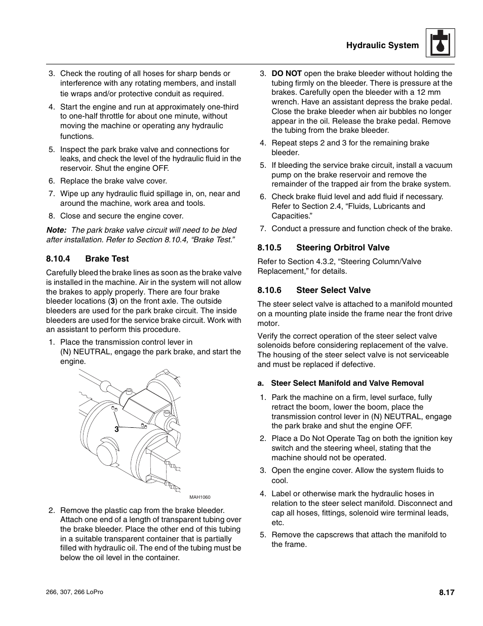 To section 8.10.4, “brake test, Brake test, Steering orbitrol valve | Steer select valve | JLG 266 LoPro Service Manual User Manual | Page 87 / 126