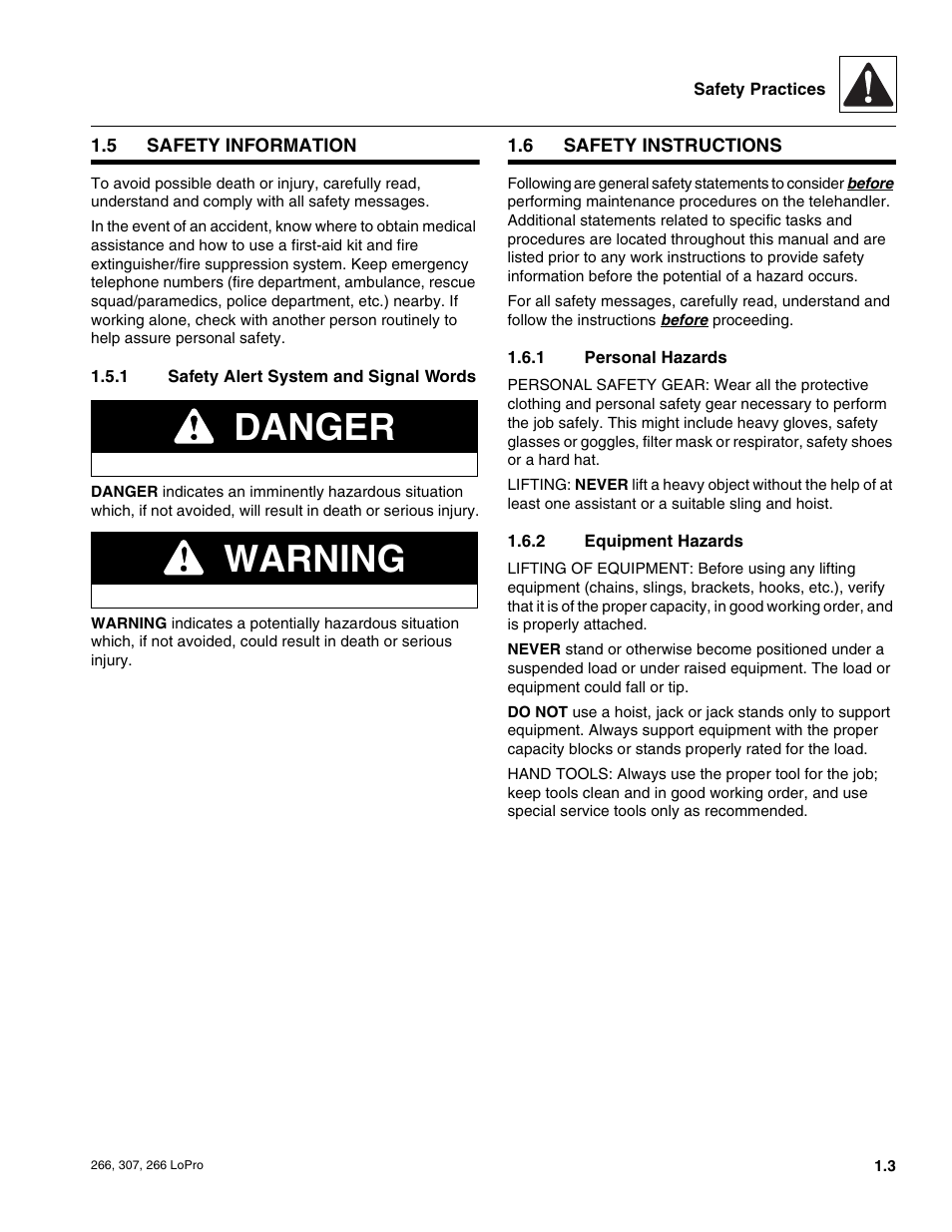 5 safety information, 6 safety instructions, Safety information | Safety instructions, Safety alert system and signal words, Personal hazards, Equipment hazards, Danger warning | JLG 266 LoPro Service Manual User Manual | Page 9 / 126