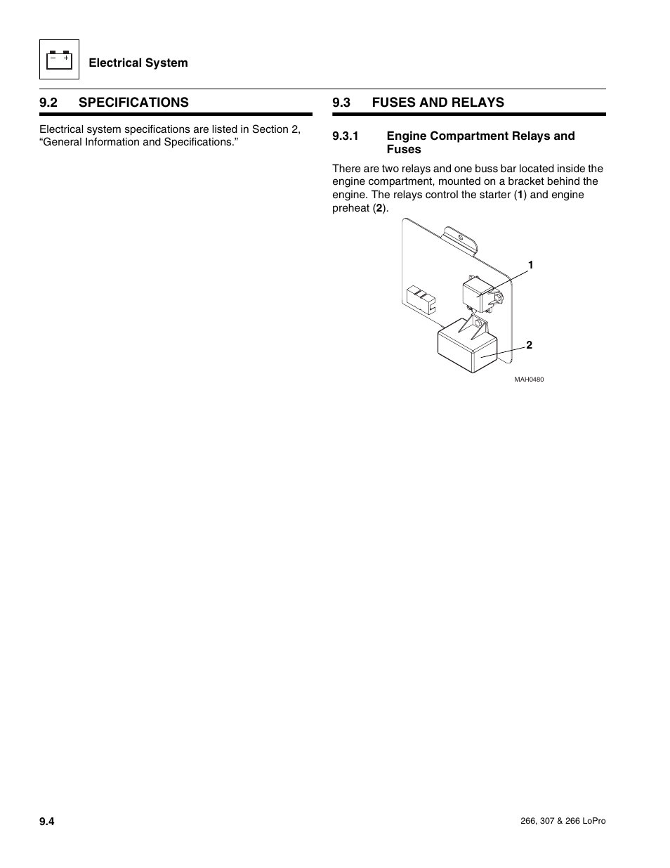 2 specifications, 3 fuses and relays, Specifications | Fuses and relays, Engine compartment relays and fuses | JLG 266 LoPro Service Manual User Manual | Page 96 / 126