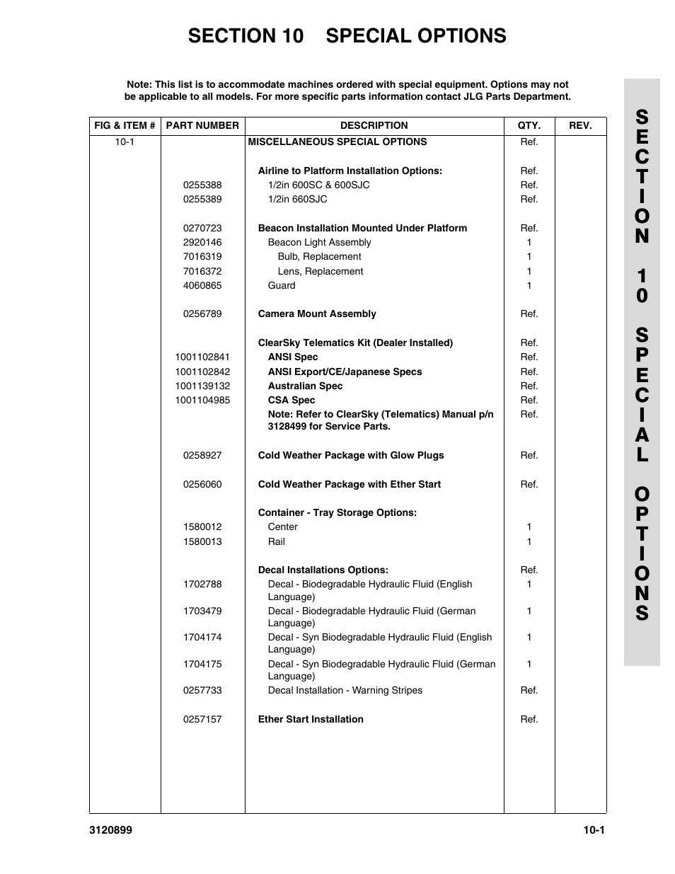 Section 10 special options, Section 10 - special options -1 | JLG 600SC_660SJC Parts Manual User Manual | Page 213 / 228