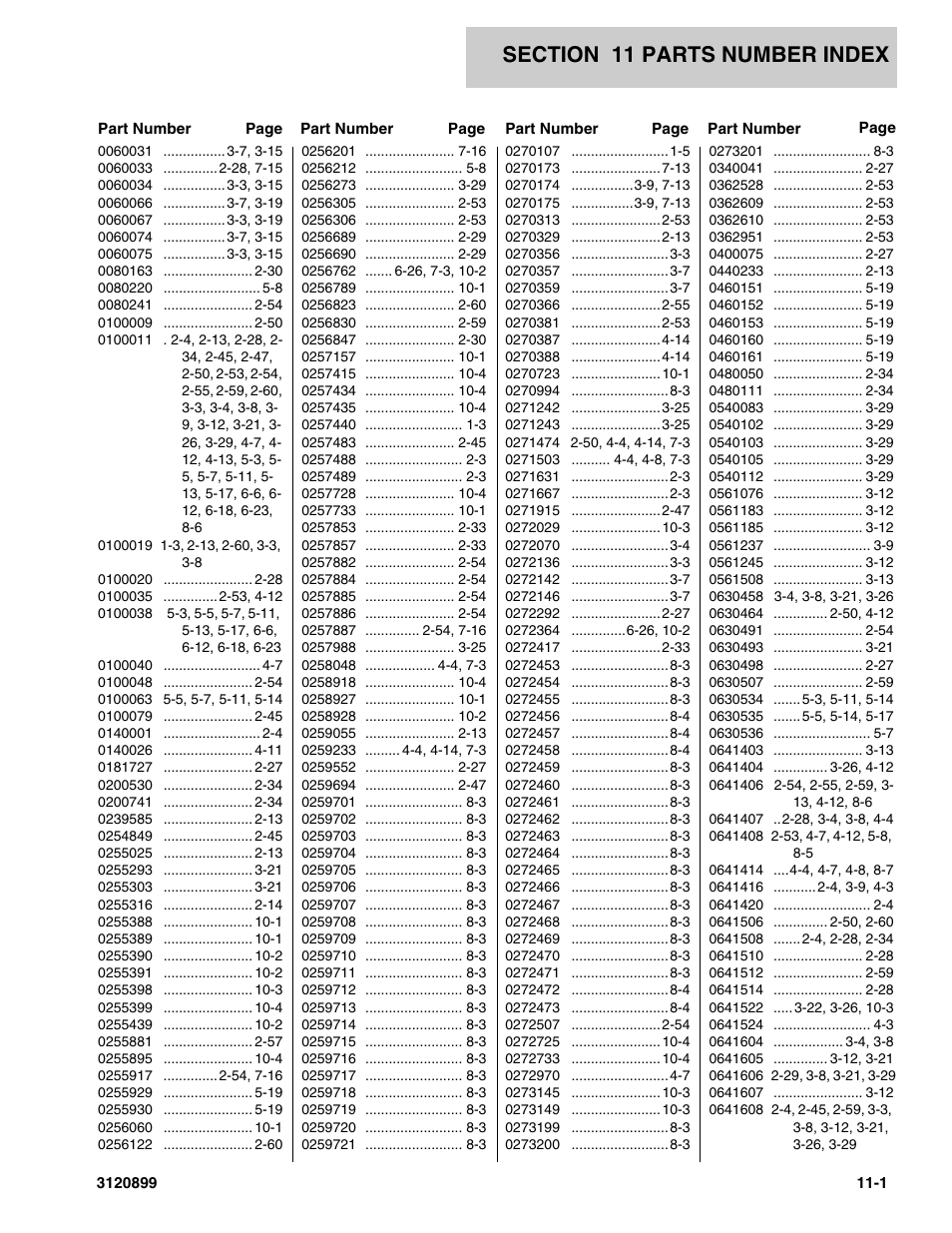 Section 11 parts number index, 11 - parts number index -1 | JLG 600SC_660SJC Parts Manual User Manual | Page 217 / 228