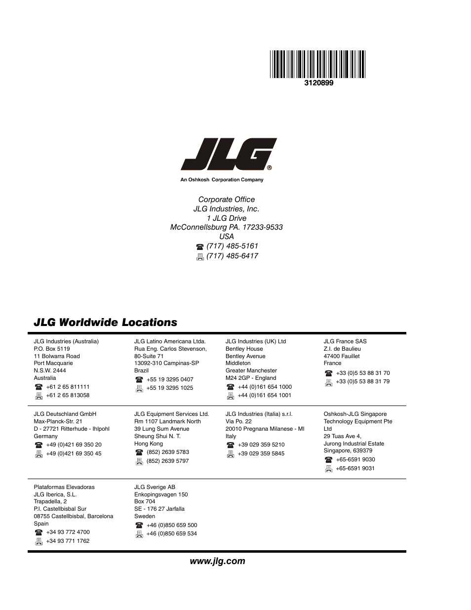 Jlg worldwide locations | JLG 600SC_660SJC Parts Manual User Manual | Page 228 / 228