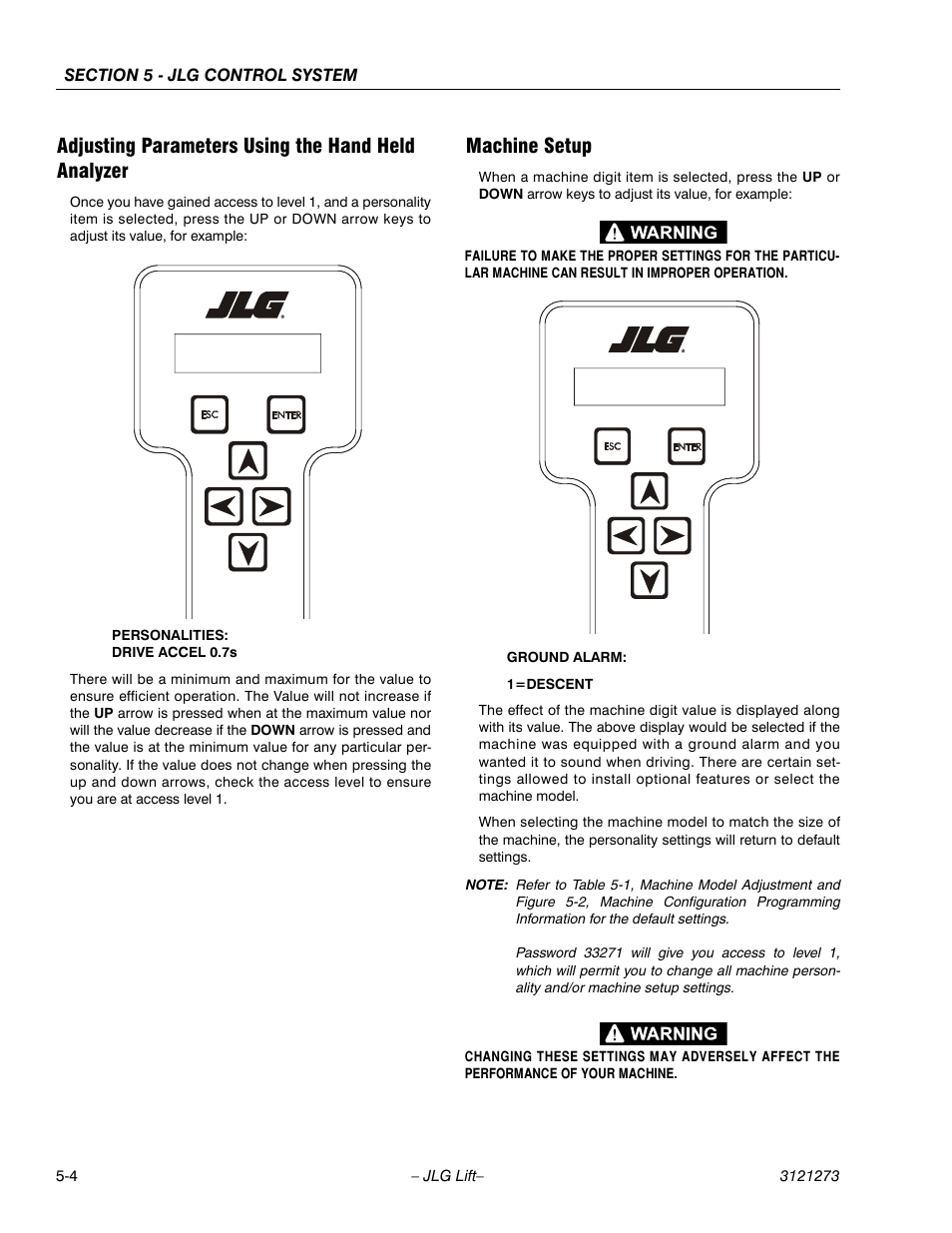 Adjusting parameters using the hand held analyzer, Machine setup | JLG 3248RS/10RS Service Manual User Manual | Page 100 / 150