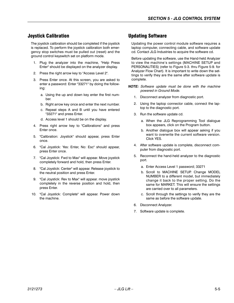 Joystick calibration, Updating software, Joystick calibration -5 updating software -5 | JLG 3248RS/10RS Service Manual User Manual | Page 101 / 150