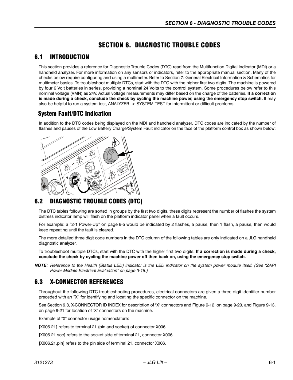 Section 6. diagnostic trouble codes, 1 introduction, System fault/dtc indication | 2 diagnostic trouble codes (dtc), 3 x-connector references, Section 6 - diagnostic trouble codes, Introduction -1, System fault/dtc indication -1, Diagnostic trouble codes (dtc) -1, X-connector references -1 | JLG 3248RS/10RS Service Manual User Manual | Page 111 / 150