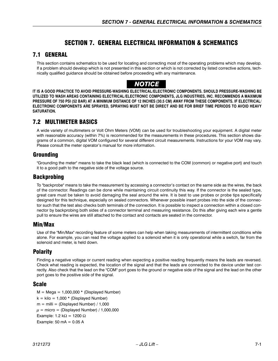 1 general, 2 multimeter basics, Grounding | Backprobing, Min/max, Polarity, Scale, General -1, Multimeter basics -1 | JLG 3248RS/10RS Service Manual User Manual | Page 127 / 150