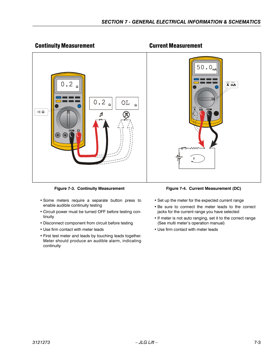 Continuity measurement -3, Current measurement (dc) -3, Continuity measurement current measurement | JLG 3248RS/10RS Service Manual User Manual | Page 129 / 150