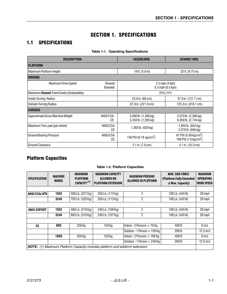 Section 1. specifications, 1 specifications, Platform capacities | Section 1 - specifications, Specifications -1, Platform capacities -1, Operating specifications -1, 1 specifications platform capacities | JLG 3248RS/10RS Service Manual User Manual | Page 13 / 150