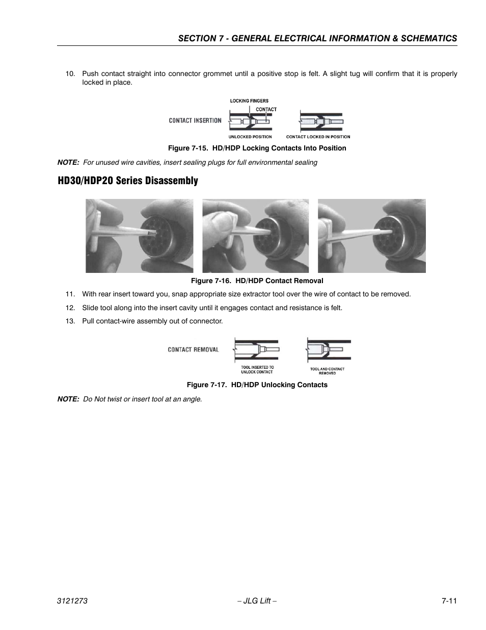 Hd30/hdp20 series disassembly, Hd30/hdp20 series disassembly -11, Hd/hdp locking contacts into position -11 | Hd/hdp contact removal -11, Hd/hdp unlocking contacts -11 | JLG 3248RS/10RS Service Manual User Manual | Page 137 / 150
