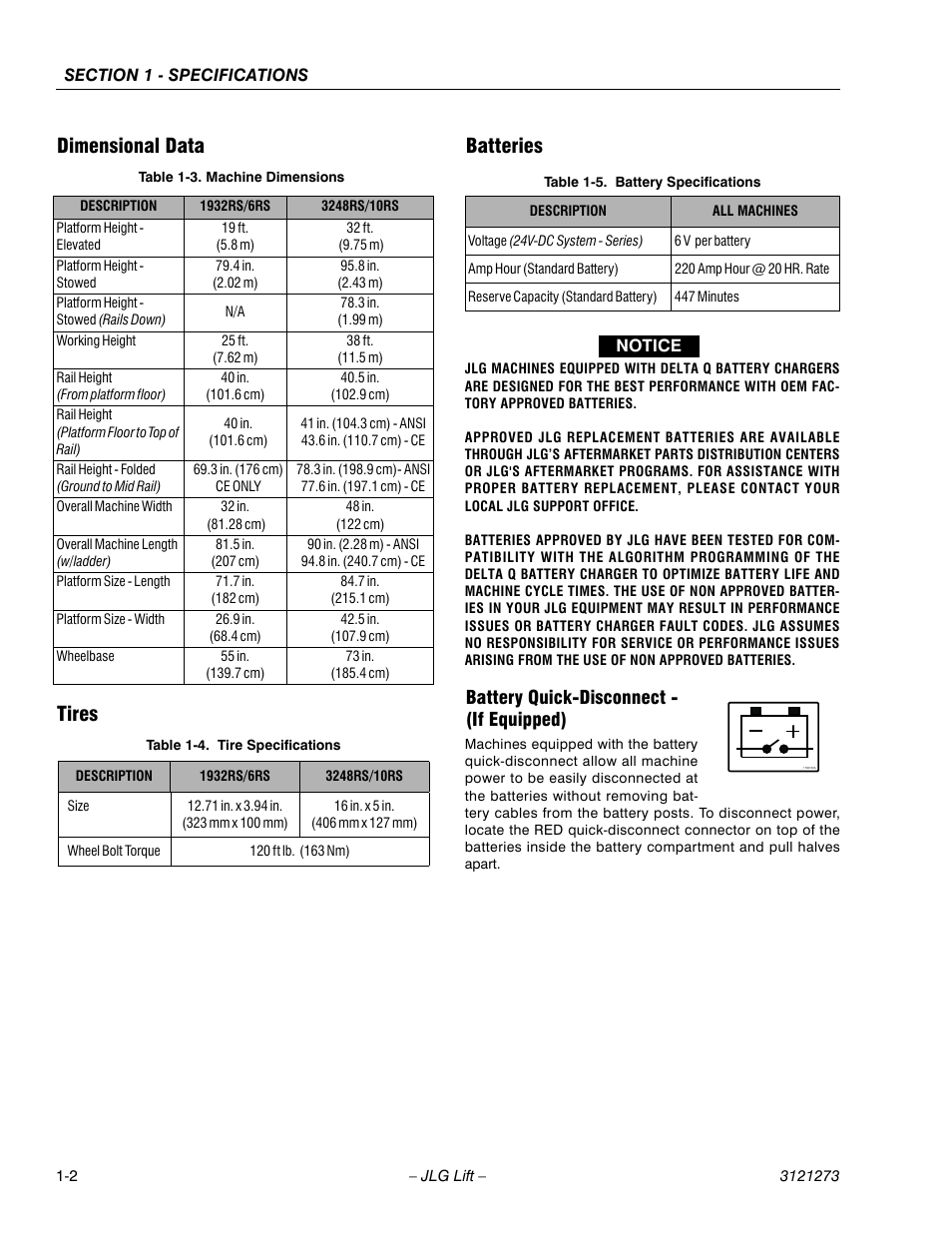 Dimensional data, Tires, Batteries | Battery quick-disconnect - (if equipped), Tire specifications -2, Battery specifications -2, Dimensional data tires batteries | JLG 3248RS/10RS Service Manual User Manual | Page 14 / 150