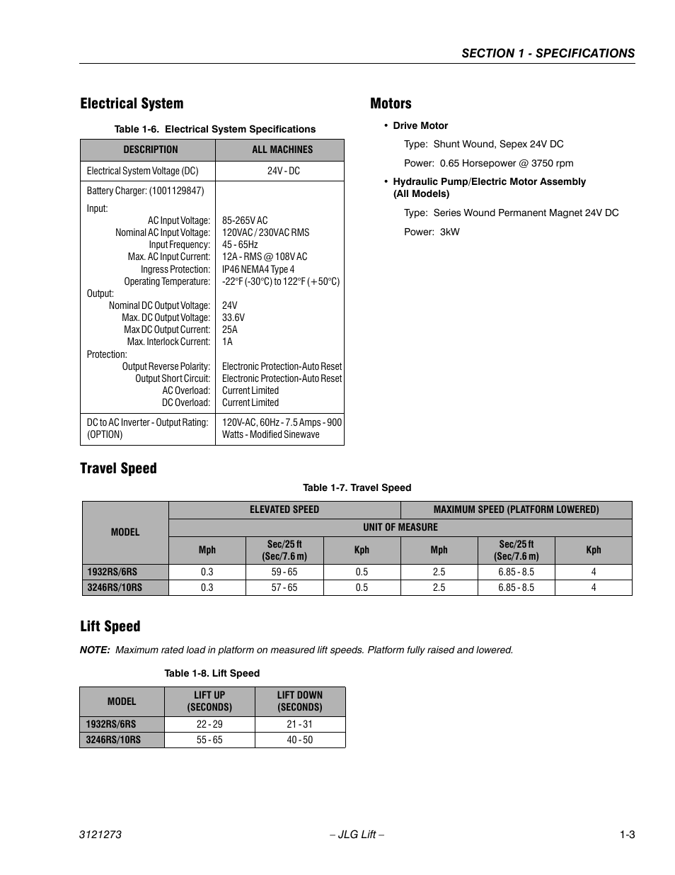 Electrical system, Motors, Travel speed | Lift speed, Electrical system specifications -3, Travel speed -3, Lift speed -3, Electrical system motors, Travel speed lift speed | JLG 3248RS/10RS Service Manual User Manual | Page 15 / 150