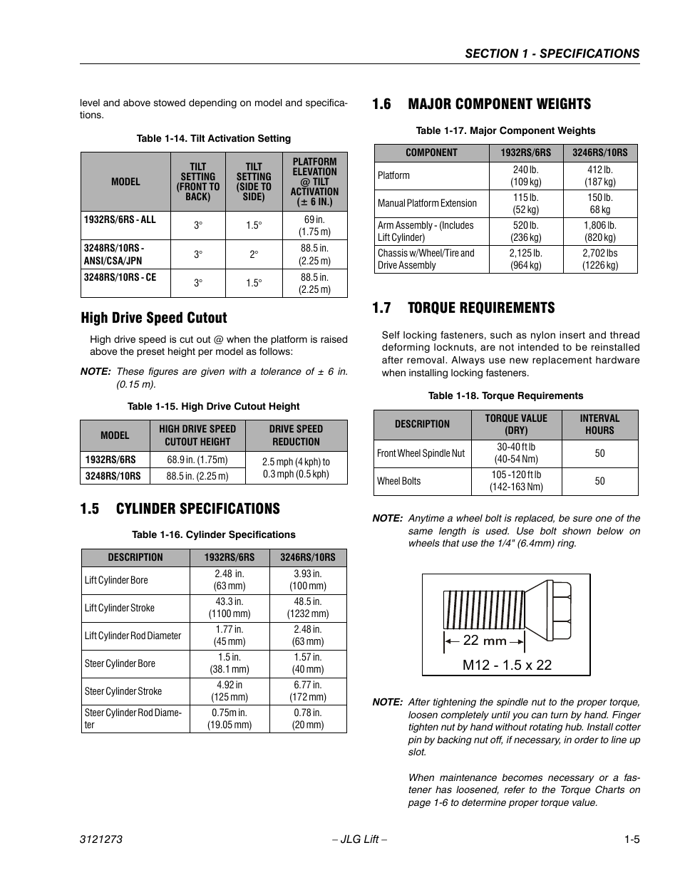 High drive speed cutout, 5 cylinder specifications, 6 major component weights | 7 torque requirements, High drive speed cutout -5, Cylinder specifications -5, Major component weights -5, Torque requirements -5, High drive cutout height -5 | JLG 3248RS/10RS Service Manual User Manual | Page 17 / 150