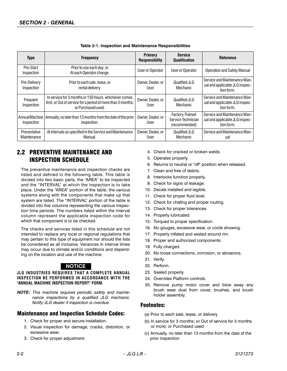 2 preventive maintenance and inspection schedule, Maintenance and inspection schedule codes, Footnotes | Inspection and maintenance -2 | JLG 3248RS/10RS Service Manual User Manual | Page 26 / 150