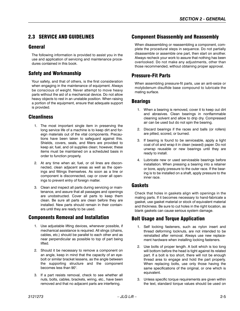 3 service and guidelines, General, Safety and workmanship | Cleanliness, Components removal and installation, Component disassembly and reassembly, Pressure-fit parts, Bearings, Gaskets, Bolt usage and torque application | JLG 3248RS/10RS Service Manual User Manual | Page 29 / 150