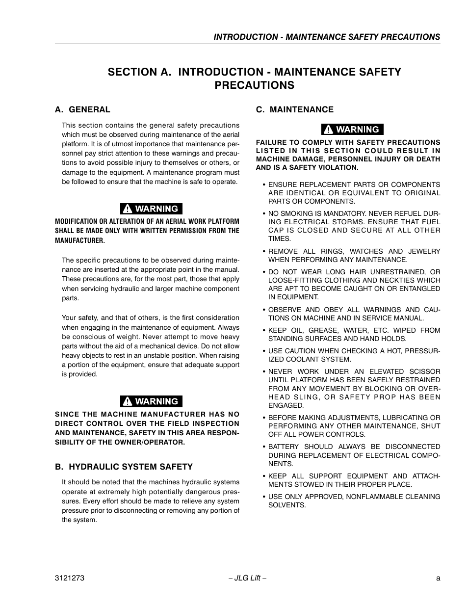 A. general, B. hydraulic system safety, C. maintenance | JLG 3248RS/10RS Service Manual User Manual | Page 3 / 150