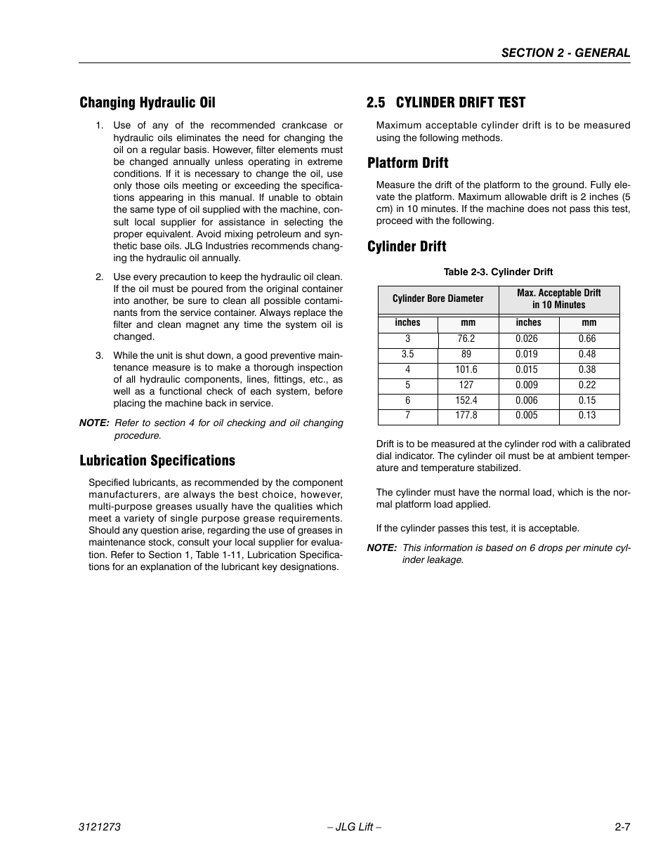 Changing hydraulic oil, Lubrication specifications, 5 cylinder drift test | Platform drift, Cylinder drift, Cylinder drift test -5, Platform drift -5 cylinder drift -5, Cylinder drift -5 | JLG 3248RS/10RS Service Manual User Manual | Page 31 / 150