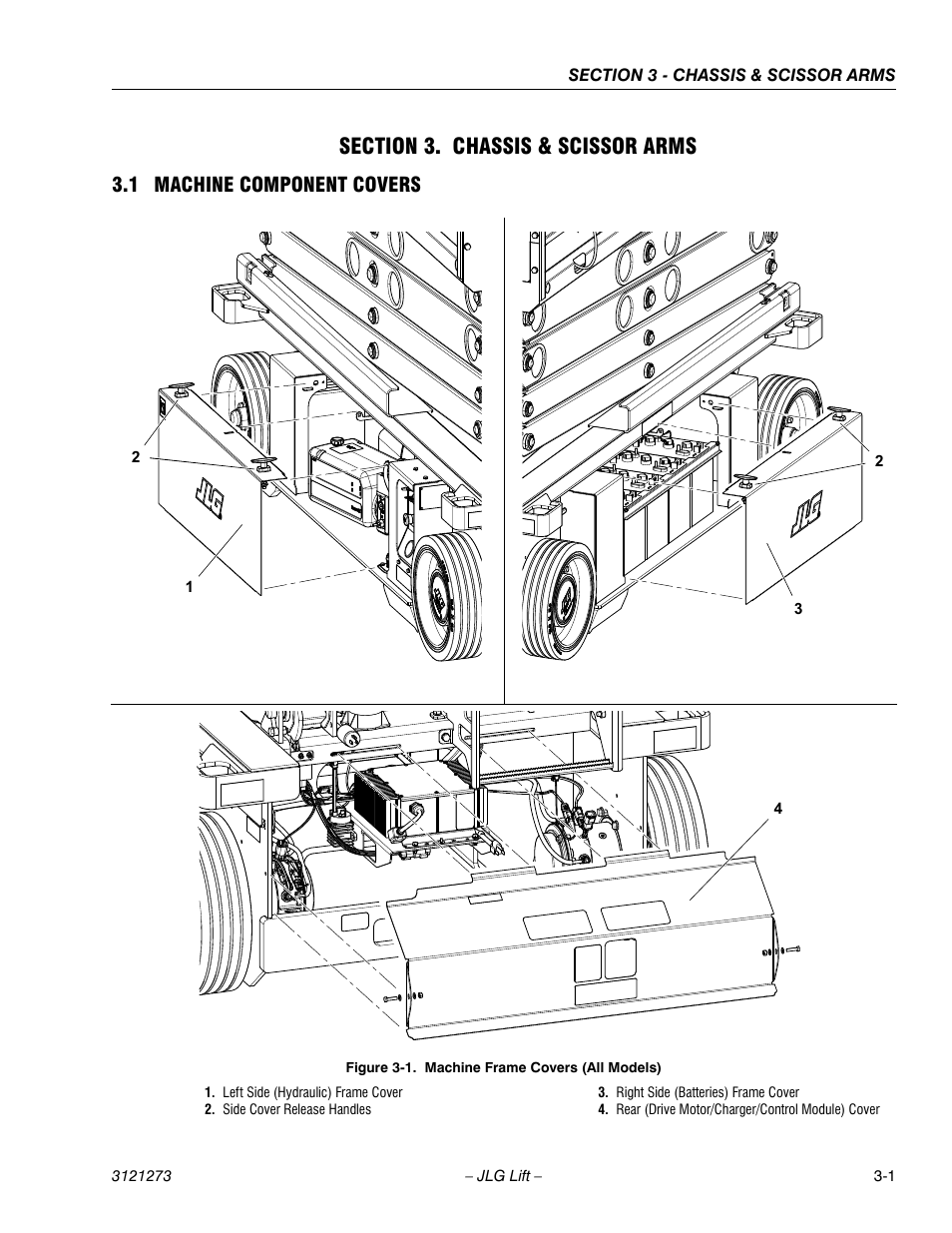 Section 3. chassis & scissor arms, 1 machine component covers, Section 3 - chassis & scissor arms | Machine component covers -1, Machine frame covers (all models) -1 | JLG 3248RS/10RS Service Manual User Manual | Page 33 / 150