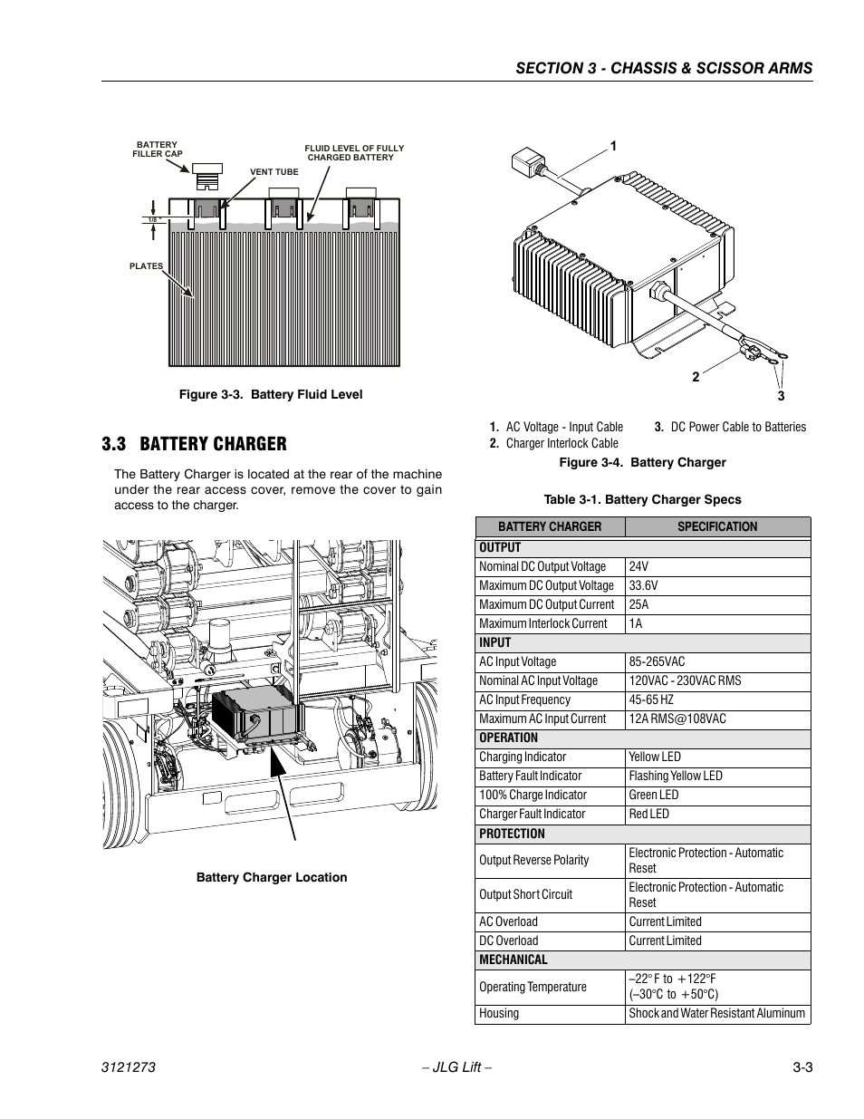 3 battery charger, Battery charger -3, Battery fluid level -3 | Battery charger specs -3 | JLG 3248RS/10RS Service Manual User Manual | Page 35 / 150