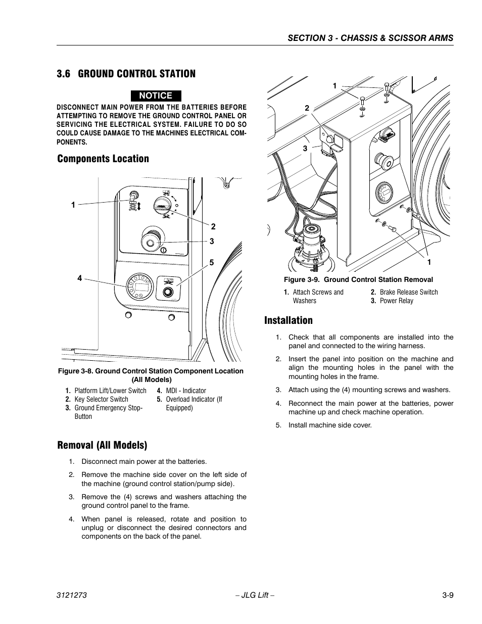 6 ground control station, Components location, Removal (all models) | Installation, Ground control station -9, Ground control station removal -9, Components location removal (all models) | JLG 3248RS/10RS Service Manual User Manual | Page 41 / 150