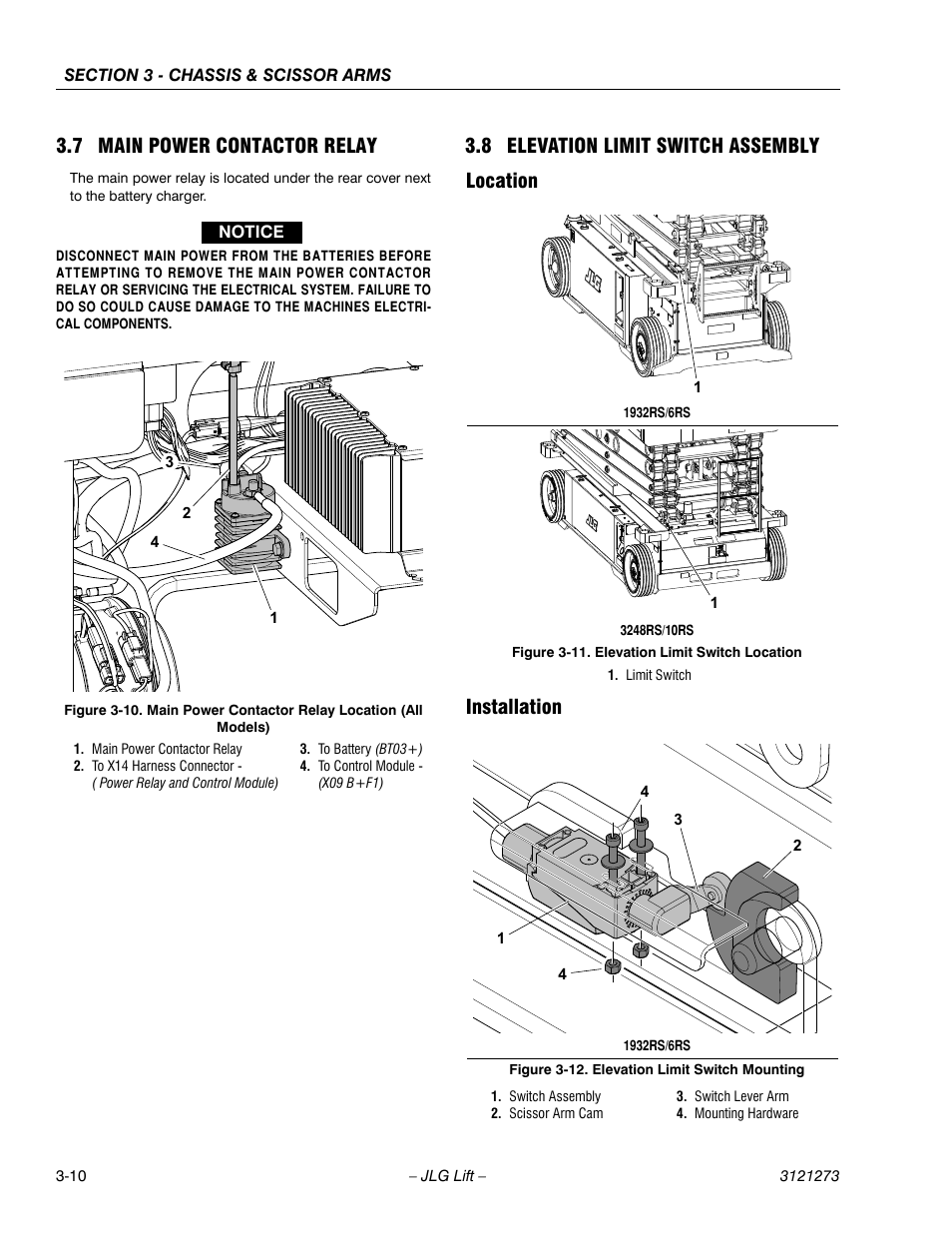 7 main power contactor relay, 8 elevation limit switch assembly, Location | Installation, Main power contactor relay -10, Elevation limit switch assembly -10, Location -10 installation -10, Elevation limit switch location -10, Elevation limit switch mounting -10 | JLG 3248RS/10RS Service Manual User Manual | Page 42 / 150